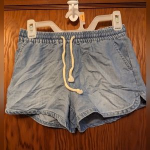 Faux denim short shorts with elastic waist and tie, size XS